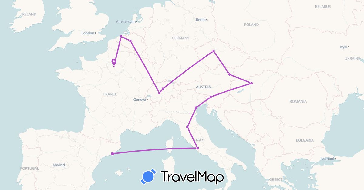 TravelMap itinerary: train in Austria, Belgium, Switzerland, Czech Republic, Spain, France, Hungary, Italy, Slovenia (Europe)