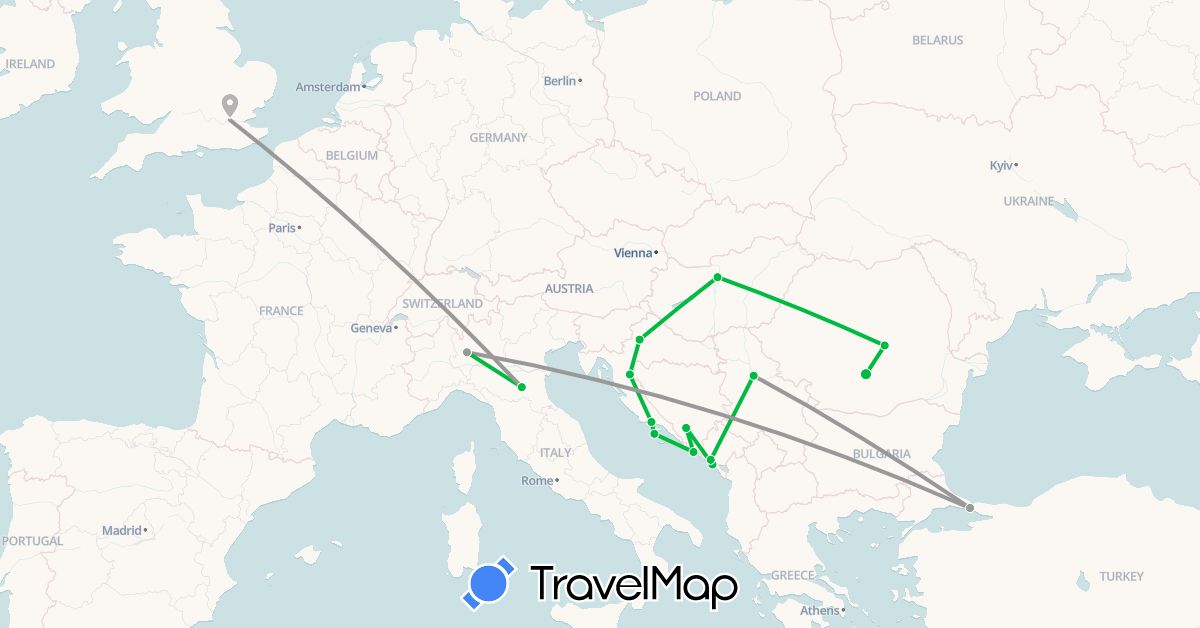 TravelMap itinerary: bus, plane in Bosnia and Herzegovina, United Kingdom, Croatia, Hungary, Italy, Montenegro, Romania, Serbia, Turkey (Asia, Europe)